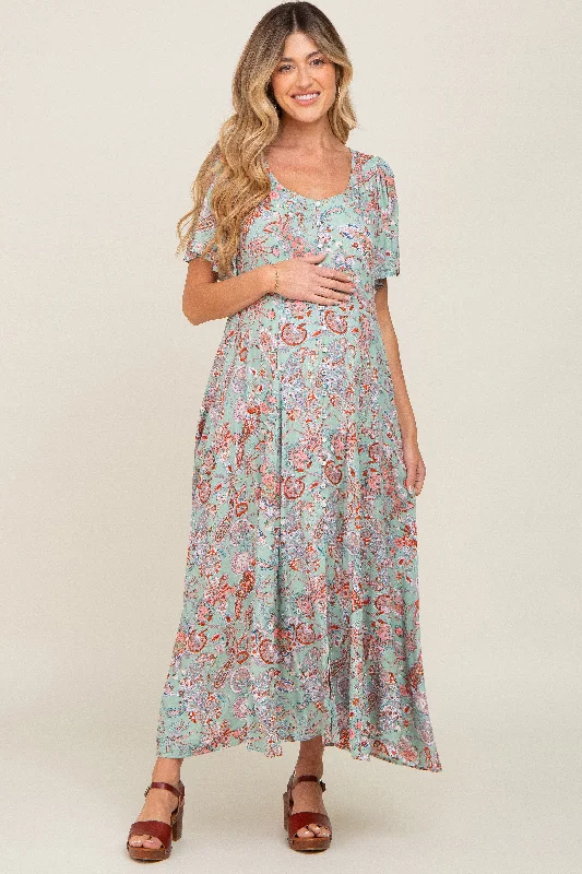 Mint Green Floral Button Front Short Flutter Sleeve Maternity Maxi Dress Trendy Maxi Dress with Straps