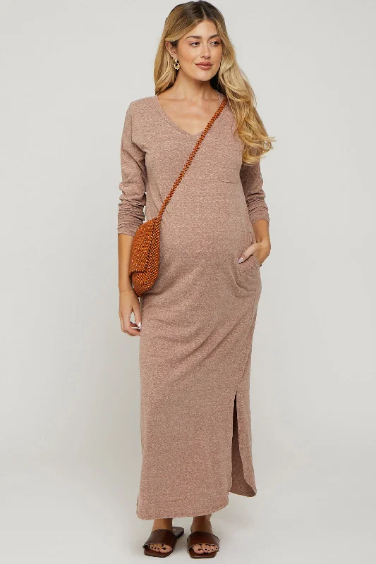 Mocha Heathered Pocketed Long Sleeve Maternity Maxi Dress Classic Black Maxi Dress