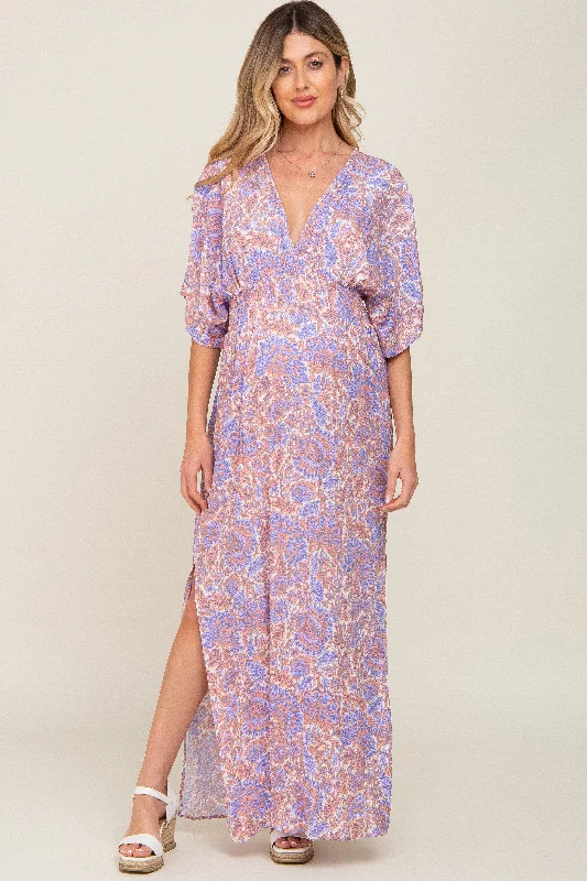 Multi-Color Floral V-Neck Smocked Waist Maternity Maxi Dress Stylish Button-Up Maxi Dress