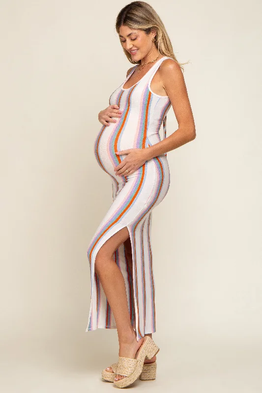 Multi Color Striped Open Back Maternity Maxi Dress Stylish Maxi Dress with Pleats