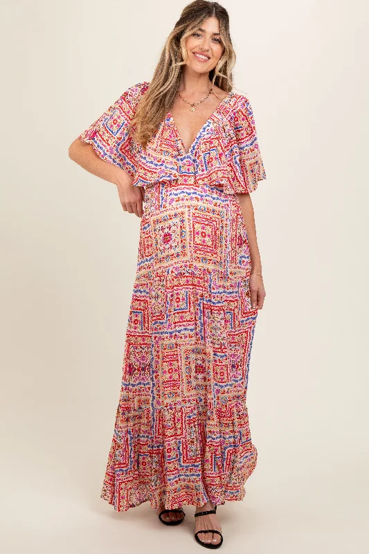 Multicolor Floral Deep V-Neck Tiered Maternity Maxi Dress Trendy Button Front Maxi Dress