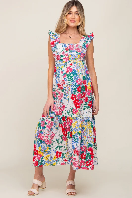 Multicolor Floral Ruffle Accent Maternity Maxi Dress Comfortable Fit-and-Flare Maxi Dress