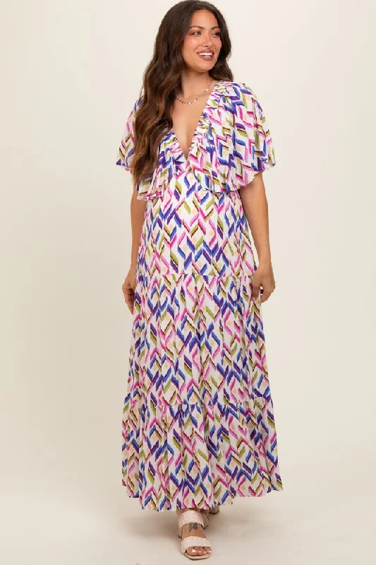 Multicolor Printed Deep V-Neck Tiered Maternity Maxi Dress Chic Boho Print Maxi Dress