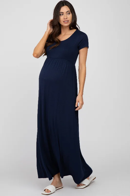 Navy Blue Basic Maternity Maxi Dress Fashionable Layered Maxi Dress