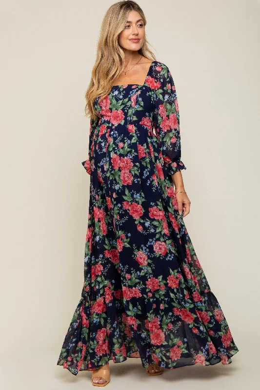 Navy Blue Floral Chiffon Square Neck 3/4 Ruffle Sleeve Maternity Maxi Dress Stylish Empire Waist Maxi Dress