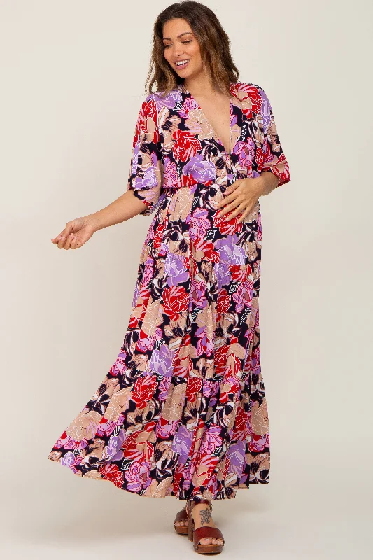 Navy Blue Floral Deep V-Neck Tiered Maternity Maxi Dress Elegant Pleated Maxi Dress