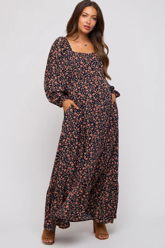 Navy Blue Floral Square Neck Ruffle Maternity Maxi Dress Elegant Silk Maxi Dress