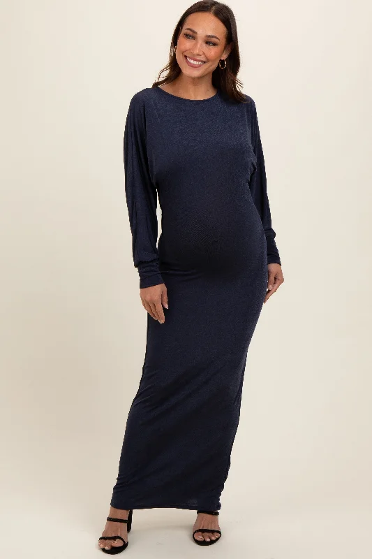 Navy Blue Long Sleeve Open Back Maternity Maxi Dress Trendy Floral Print Maxi Dress