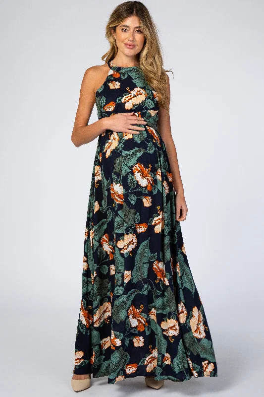 Navy Blue Palm Print Cross Back Maternity Maxi Dress Fashionable Asymmetrical Maxi Dress