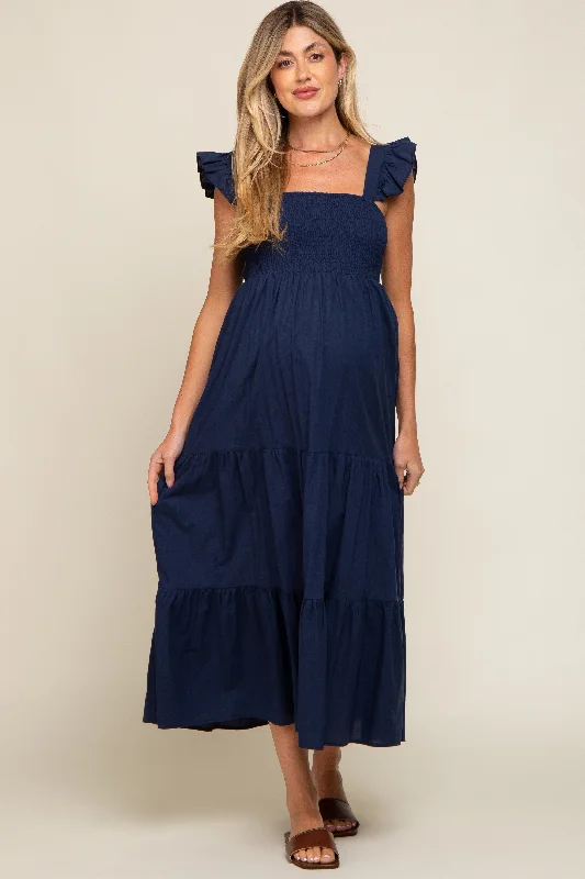 Navy Blue Sleeveless Tiered Maternity Maxi Dress Cozy Spaghetti Strap Maxi Dress