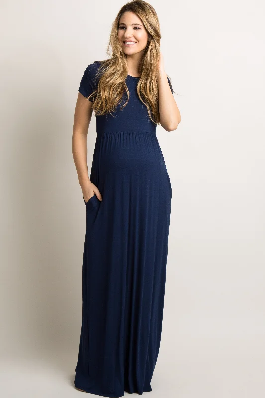 Navy Blue Solid Side Pocket Maternity Maxi Dress Stylish Longline Maxi Dress