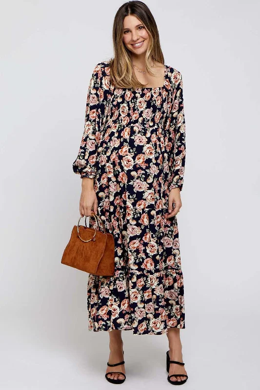 Navy Floral Long Sleeve Maternity Maxi Dress Elegant Velvet Maxi Dress