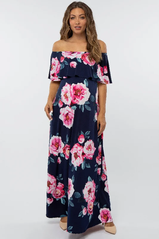 Navy Floral Off Shoulder Flounce Maternity Maxi Dress Fashionable Chiffon Tiered Maxi Dress