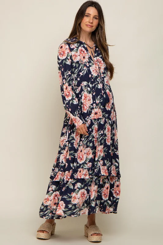 Navy Floral Smocked Ruffle Neck Maternity Maxi Dress Elegant Pleated Maxi Dress