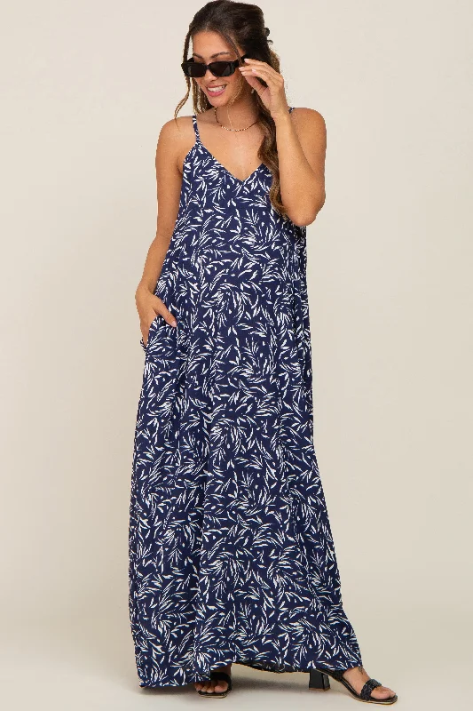 Navy Leaf Print Double V-Neck Maternity Maxi Dress Trendy Off-Shoulder Ruffle Maxi Dress