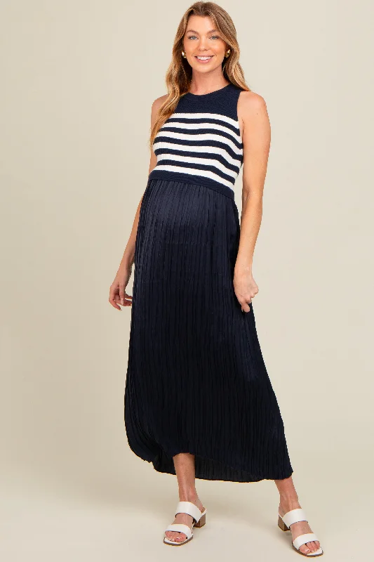 Navy Striped Contrast Knit Maternity Pleated Maxi Dress Cozy Knit Maxi Dress