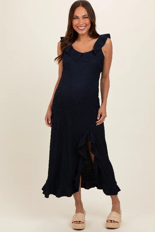 Navy Textured Sleeveless Ruffle Slit Maternity Maxi Dress Chic Summer Maxi Dress