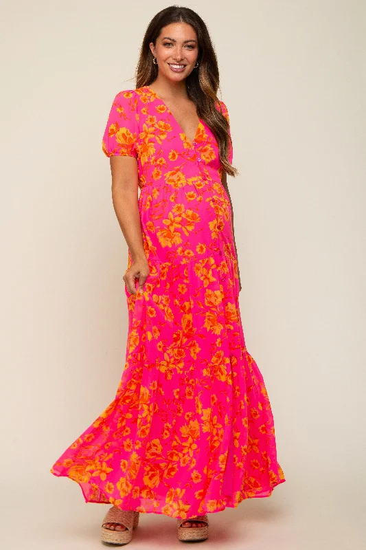 Neon Pink Floral Front Button Tiered Maternity Maxi Dress Casual Maxi Dress with Pockets