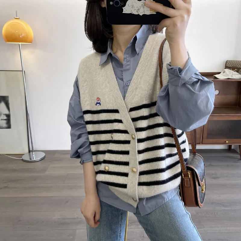 NiDELL Preppy Style Korean Style Double Breasted Striped V-neck Knitted Vest Vest Women's Loose Embroidered Trendy Knitted Cardigan Jacket Chenille Fabric Brocade Fabric Lace Fabric