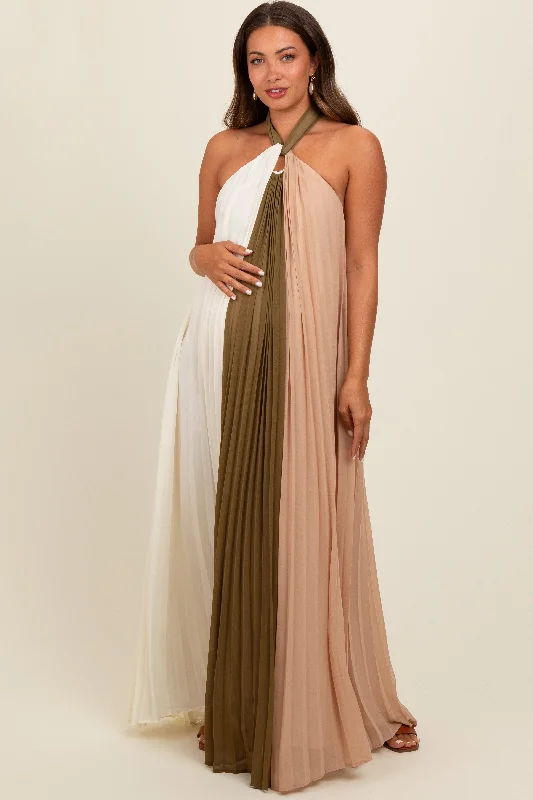 Olive Colorblock Pleated Halter Neck Maternity Maxi Dress Stylish Empire Waist Maxi Dress