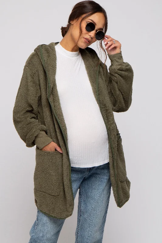 Olive Fuzzy Knit Hooded Maternity Jacket Tailored Jacket Straight Jacket A-Line Jacket