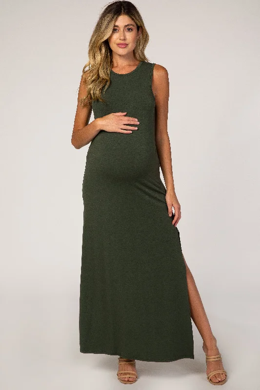 Olive Side Slit Maternity Maxi Dress Trendy Fit-and-Flare Maxi Dress