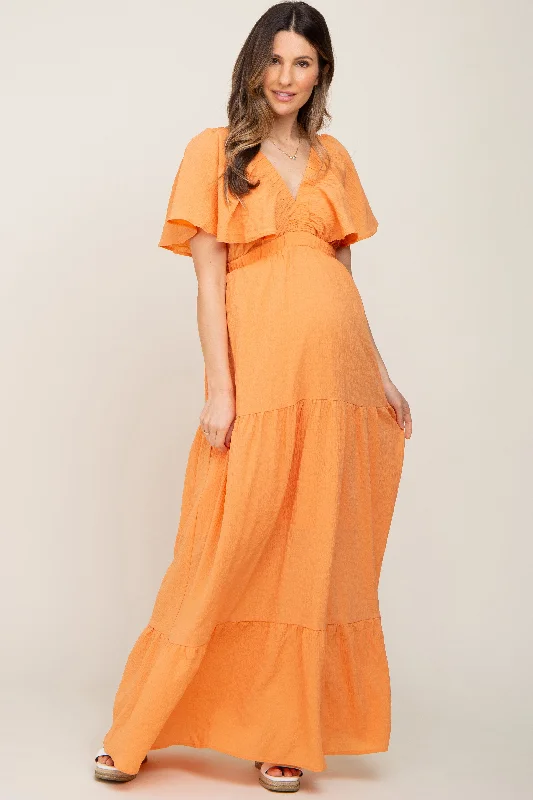 Orange Crepe Flounce Sleeve Tiered Maternity Maxi Dress Trendy Printed Maxi Dress