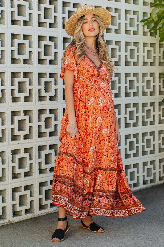 Orange Floral Flounce Sleeve Maternity Maxi Dress Elegant Maxi Dress with Pockets