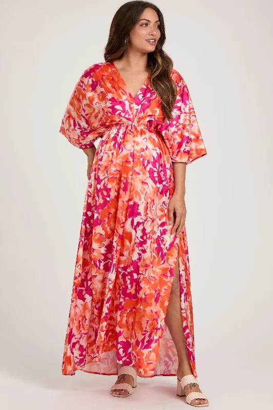 Orange Floral Satin V-Neck Maternity Maxi Dress Stylish Pleated A-Line Maxi Dress