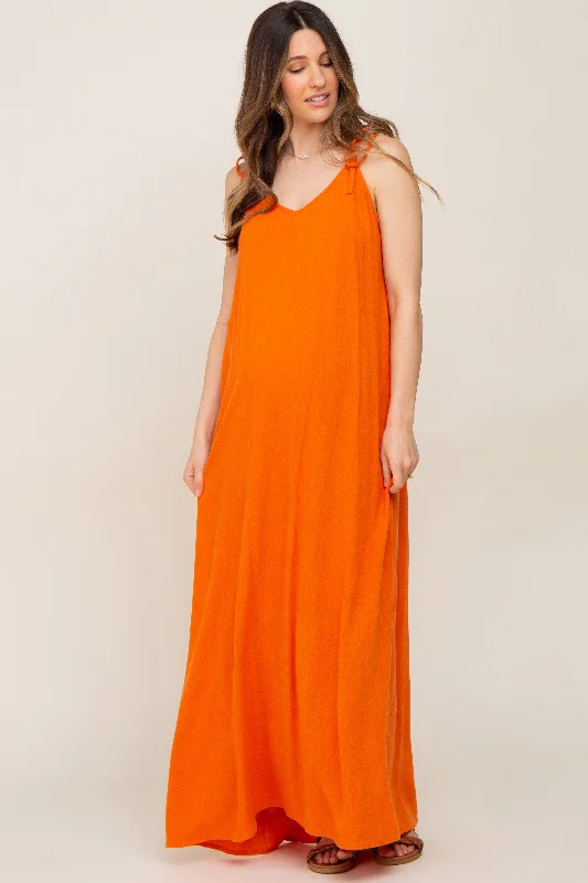 Orange Linen V-Neck Tie Strap Maternity Maxi Dress Casual Maxi Dress with Pockets