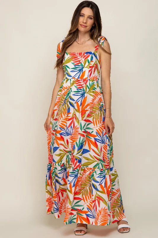 Orange Multi-Color Palm Print Shoulder Tie Maternity Maxi Dress Fashionable Faux Wrap Maxi Dress