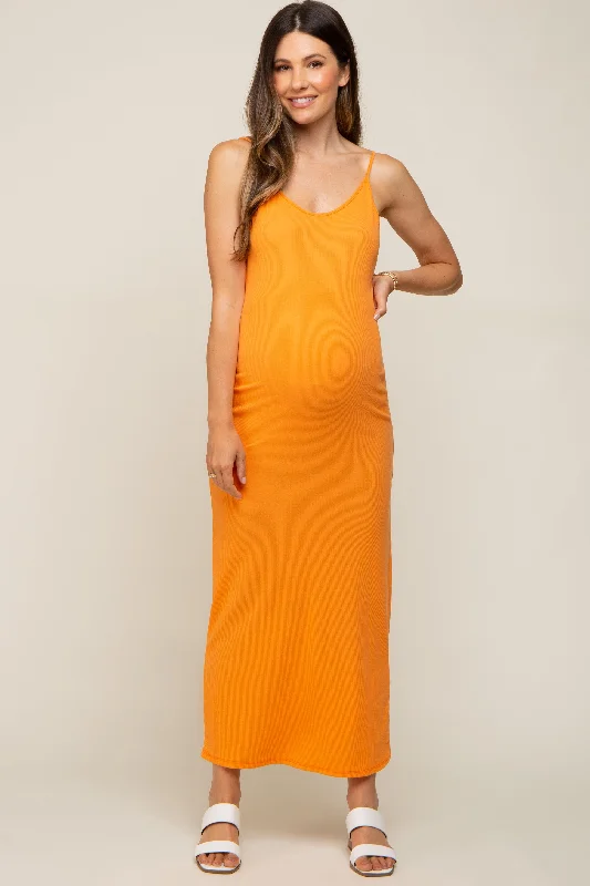 Orange Ribbed Sleeveless Maternity Maxi Dress Classic Solid Maxi Dress