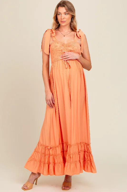 Orange Sweetheart Neck Smocked Shoulder Tie Maternity Maxi Dress Fashionable Chiffon Tiered Maxi Dress