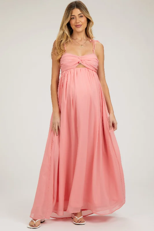 Peach Chiffon Sleeveless Cutout Front Maternity Maxi Dress Chic Off-Shoulder Maxi Dress