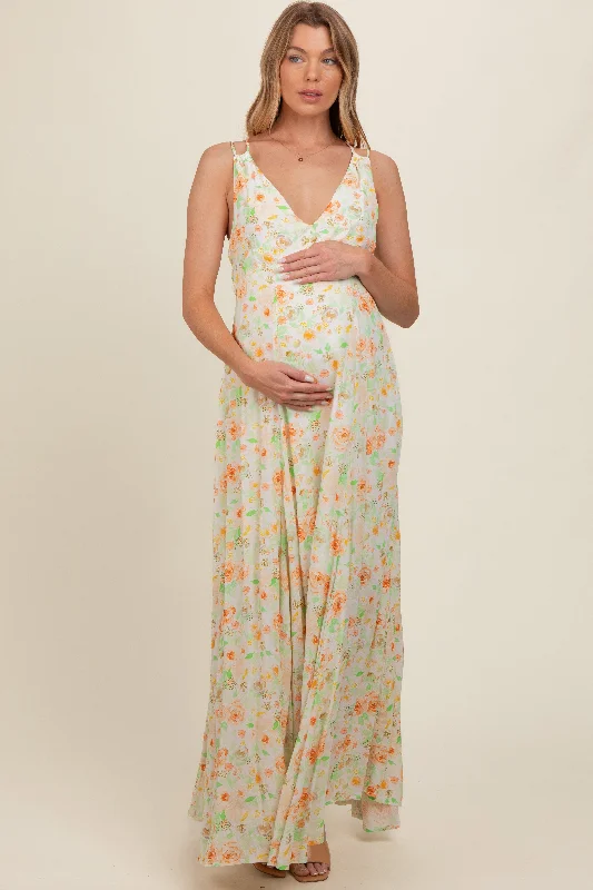 Peach Floral Crisscross Back Maternity Maxi Dress Comfortable Casual Maxi Dress