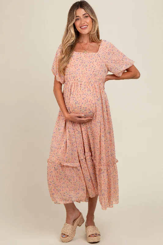 Peach Floral Ruffle Hem Maternity Maxi Dress Cozy Knit Maxi Dress