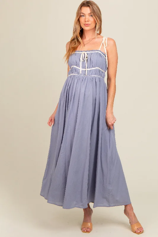 Periwinkle Contrast Ribbon Trim Maternity Maxi Dress Trendy Maxi Dress with Straps