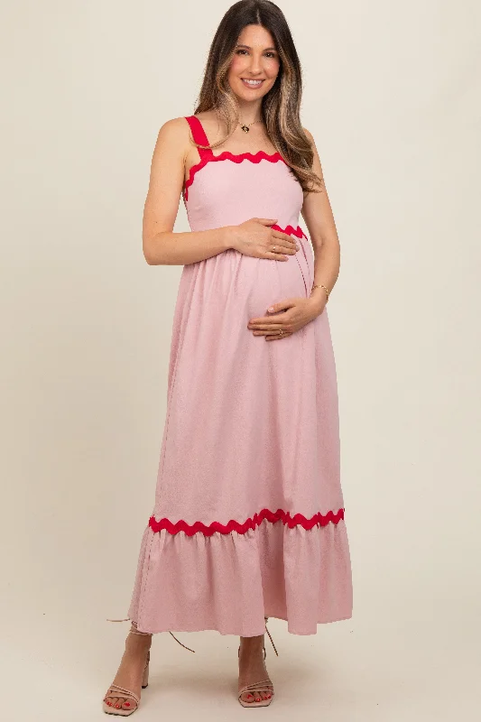 Pink Contrast Trim Maternity Maxi Dress Trendy Maxi Dress with Bow