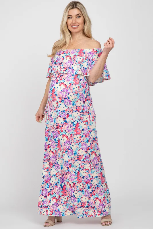 Pink Floral Off Shoulder Maternity Maxi Dress Comfortable Satin Maxi Dress