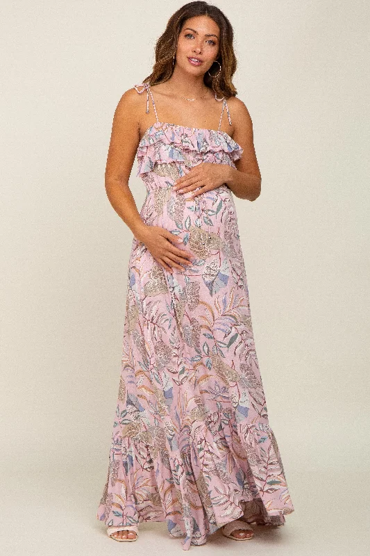 Pink Floral Ruffle Top Back Cutout Maternity Maxi Dress Fashionable Faux Wrap Maxi Dress