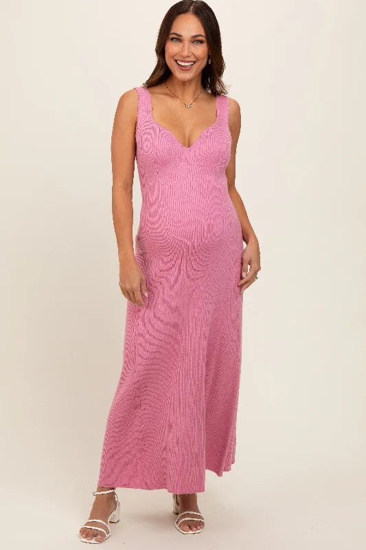 Pink Knit Maternity Deep V-Neck Maternity Maxi Dress Comfortable Maxi Dress with Belt