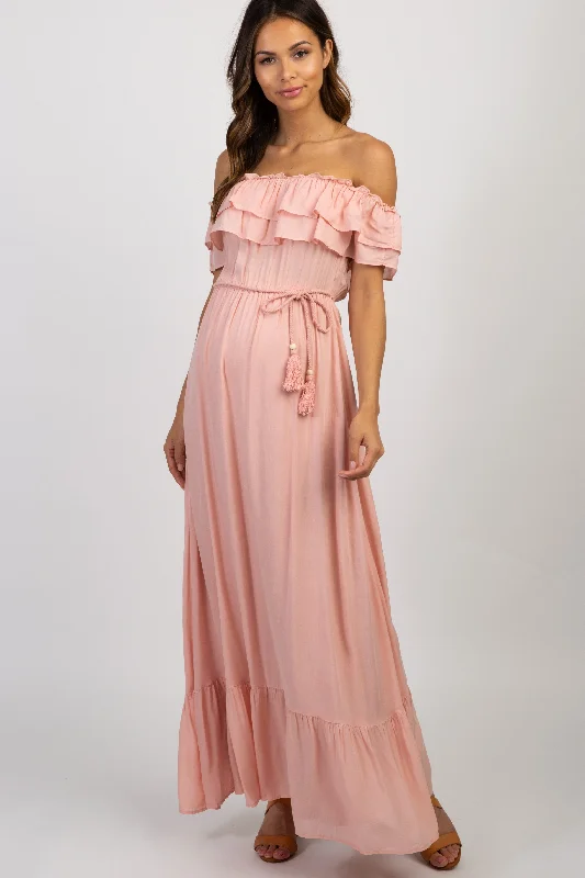 Pink Off Shoulder Tassel Tie Maternity Maxi Dress Fashionable Asymmetrical Maxi Dress