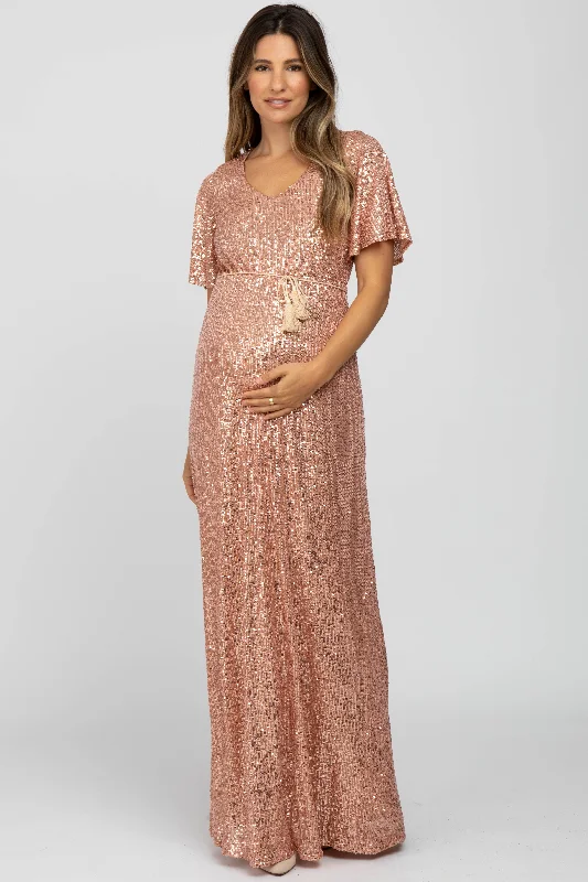 Pink Sequin Short Sleeve Maternity Maxi Dress Comfortable Flowy Maxi Dress