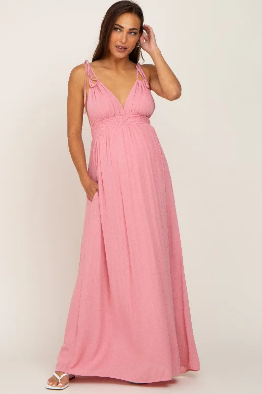 Pink Shoulder Tie Open Back Maternity Maxi Dress Comfortable Pleated Maxi Dress