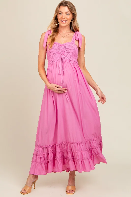 Pink Sweetheart Neck Smocked Shoulder Tie Maternity Maxi Dress Trendy Ruffled Maxi Dress