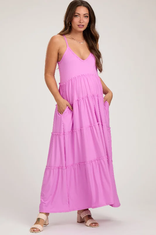 Pink Tiered Sleeveless Maternity Maxi Dress Chic Sleeveless Maxi Dress