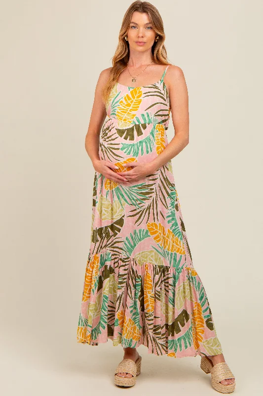 Pink Tropical Print Maternity Maxi Dress Cozy Open-Back Maxi Dress