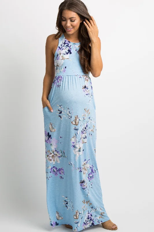 PinkBlush Aqua Floral Sleeveless Maternity Maxi Dress Comfortable Fitted Maxi Dress