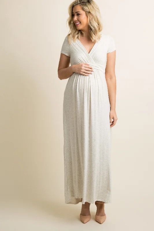 PinkBlush Beige Draped Maternity/Nursing Maxi Dress Chic Boho Print Maxi Dress