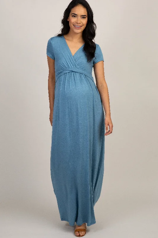 PinkBlush Blue Draped Maternity/Nursing Maxi Dress Comfortable Bohemian Maxi Dress